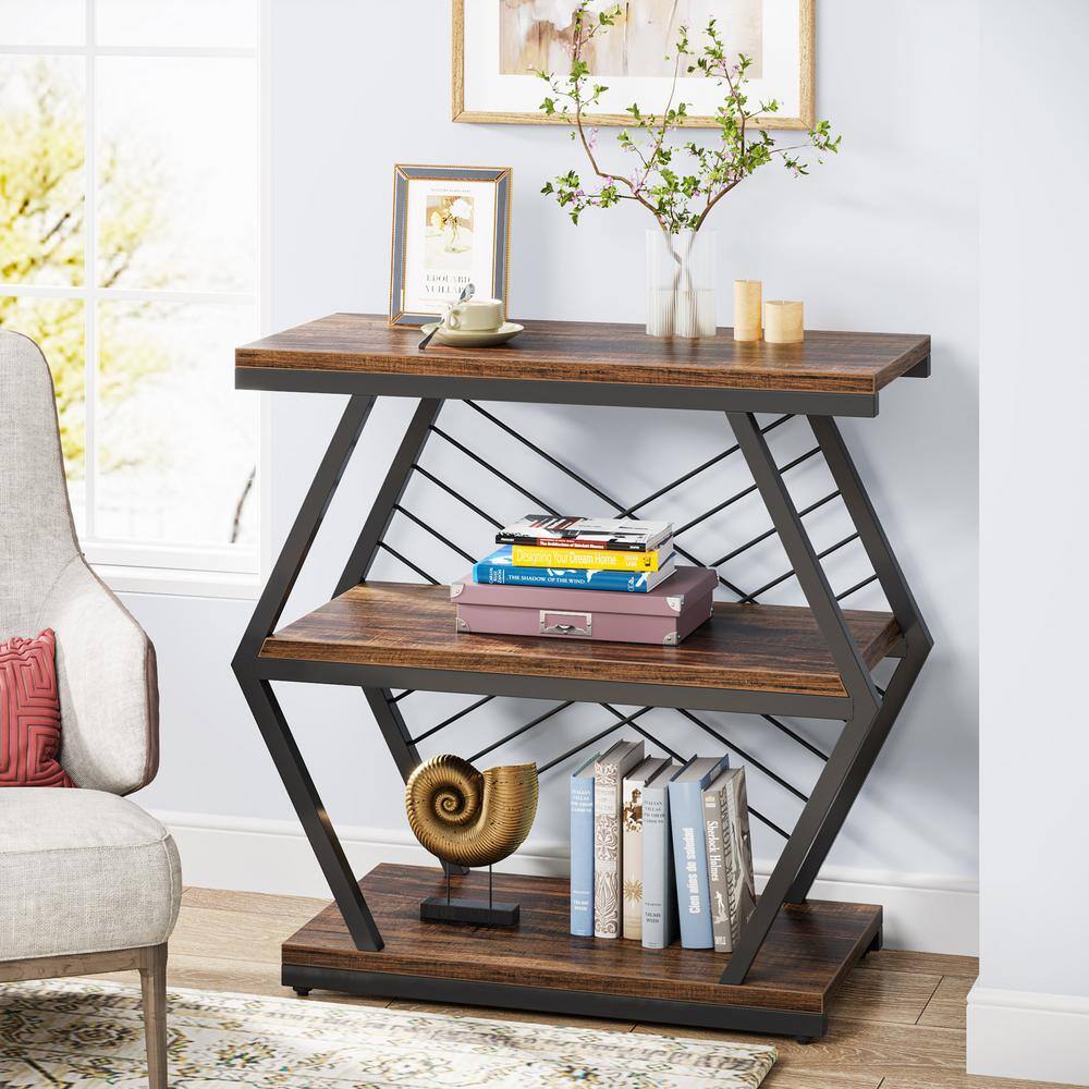 Rustic Brown Wood and Black Metal 3-Tier End Table