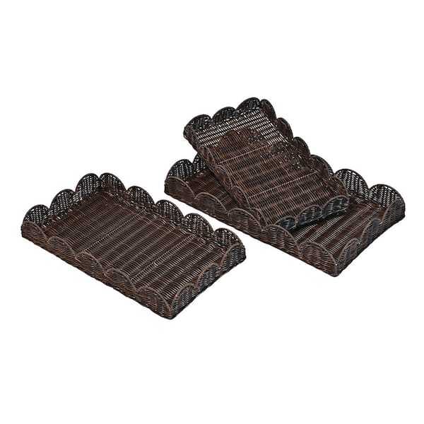 happimess Parker Southwestern Cottage Resin Scalloped Rectangular Decorative Serving Trays, Dark Brown (Set of 3)