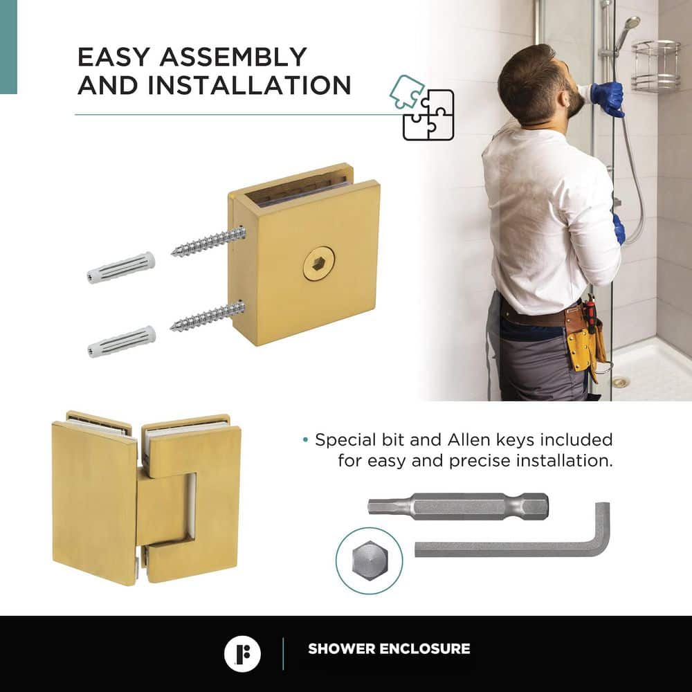 Neo Angle Acrylic Shower Base with Satin Brass Frameless Enclosure