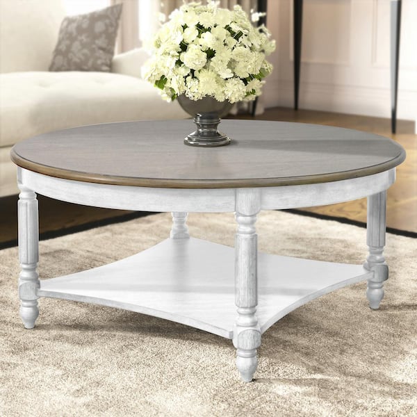 GALANO Marcello 34.6 in. Spray Paint White and Oak Round Solid Wood Top Coffee Table