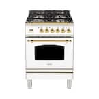24 in. 2.4 cu. ft. Single Oven Dual Fuel Italian Range with True Convection, 4 Burners, Brass Trim in White