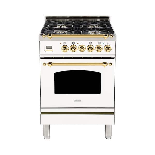 Hallman 24 in. 2.4 cu. ft. Single Oven Dual Fuel Italian Range with True Convection, 4 Burners, Brass Trim in White