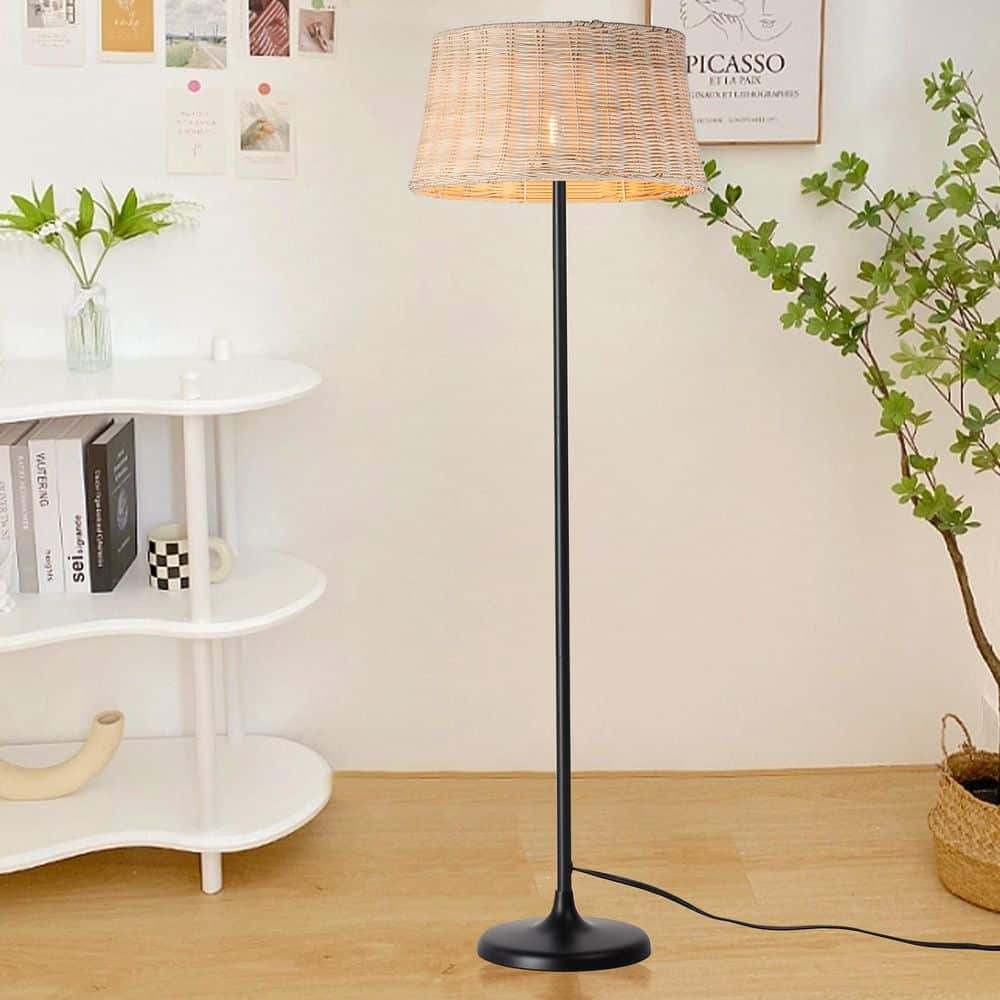 Modern 58 in. 1-Light Black Metal Standard Floor Lamp for Living Room with Rattan Shade, Foot Switch price history on PriceWatchPro