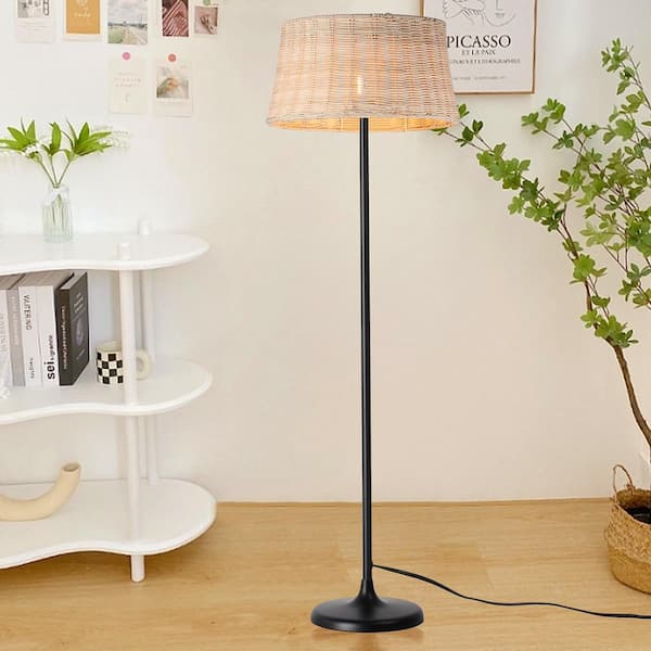 Zompoo Modern 58 in. 1-Light Black Metal Standard Floor Lamp for Living Room with Rattan Shade, Foot Switch