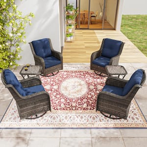 6-Piece Wicker Patio Conversation Set with All-Weather Swivel Rocking Chairs Blue Cushions