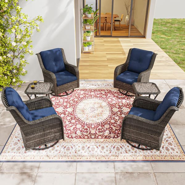 JOYSIDE 6-Piece Wicker Patio Conversation Set with All-Weather Swivel Rocking Chairs Blue Cushions