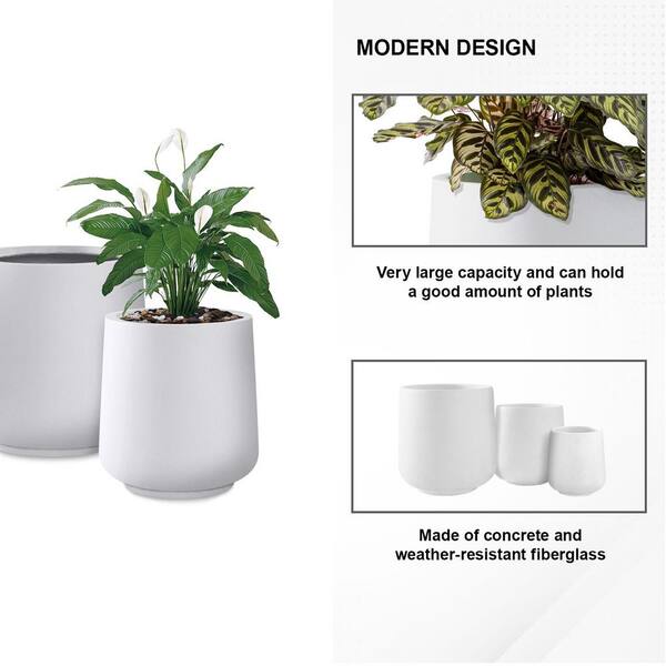 17.3", 13.4", and 10.6"H Round Pure White Concrete Planter (Set of 3), Outdoor Indoor Planter Pots with Drainage Holes