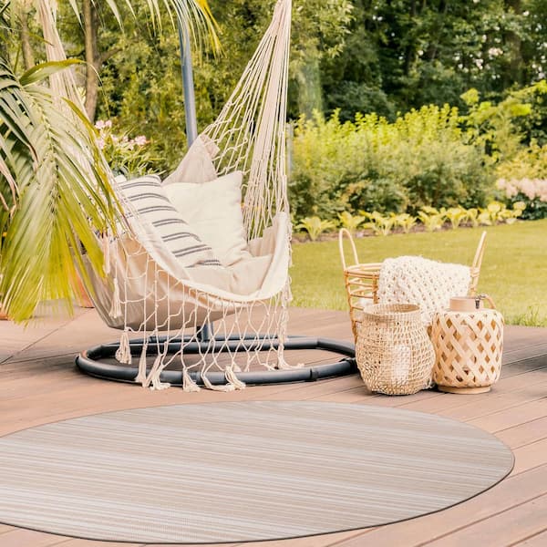 Waikiki Beige/White 7 ft. Round Stripe Indoor/Outdoor Area Rug