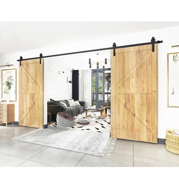 12 ft./144 in. Black Steel Sliding Barn Door Track and Hardware Kit for Double Doors with Floor Guide