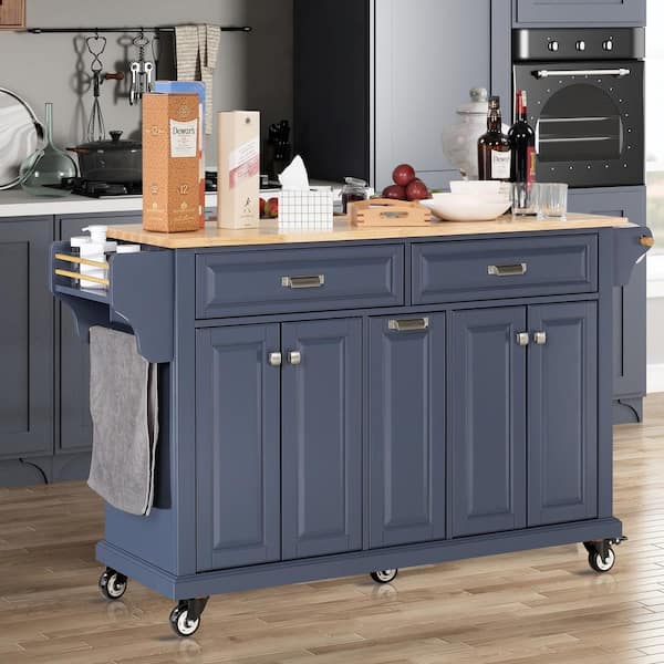 Staykiwi Blue Rubberwood Kitchen Cart with Spice Rack, Towel Rack, Adjustable Shelves and 3-Drawers