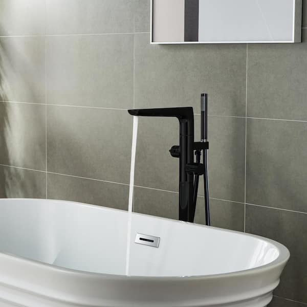 Loft Single-Handle Freestanding Floor Mount Tub Filler Faucet with Hand Shower in Matte Black