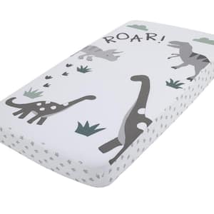 Baby-Saurus Photo Op ROAR White, Gray, and Green Dinosaur with Clouds Nursery Fitted Crib Sheet