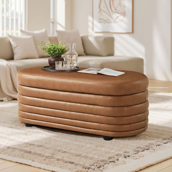 Lansing Carmel Faux Leather Tufted Storage Ottoman