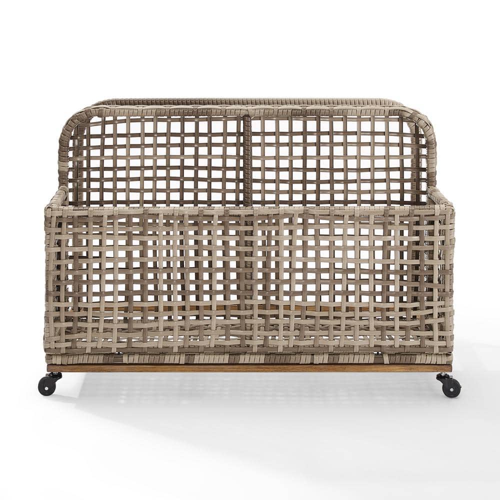 Distressed Gray and Brown Wicker Lockable Deck Box with Wheels