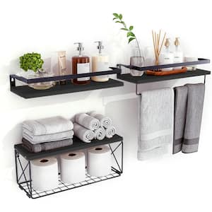 15.7 in. W x 6 in. D x 5 in. H Black Decorative Wall Shelf, Bathroom Shelves with Storage Basket