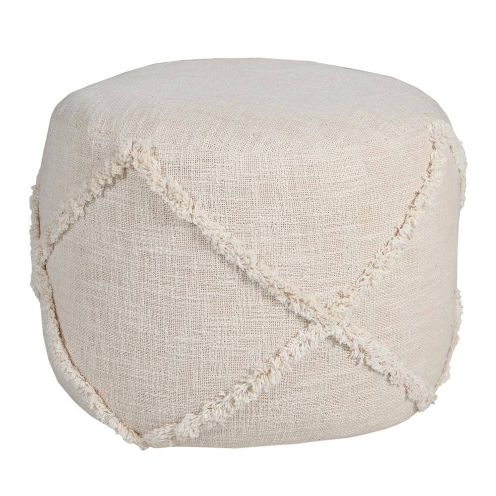 Contemporary Beige Tufted Cotton Round Pouf, 18"x14"