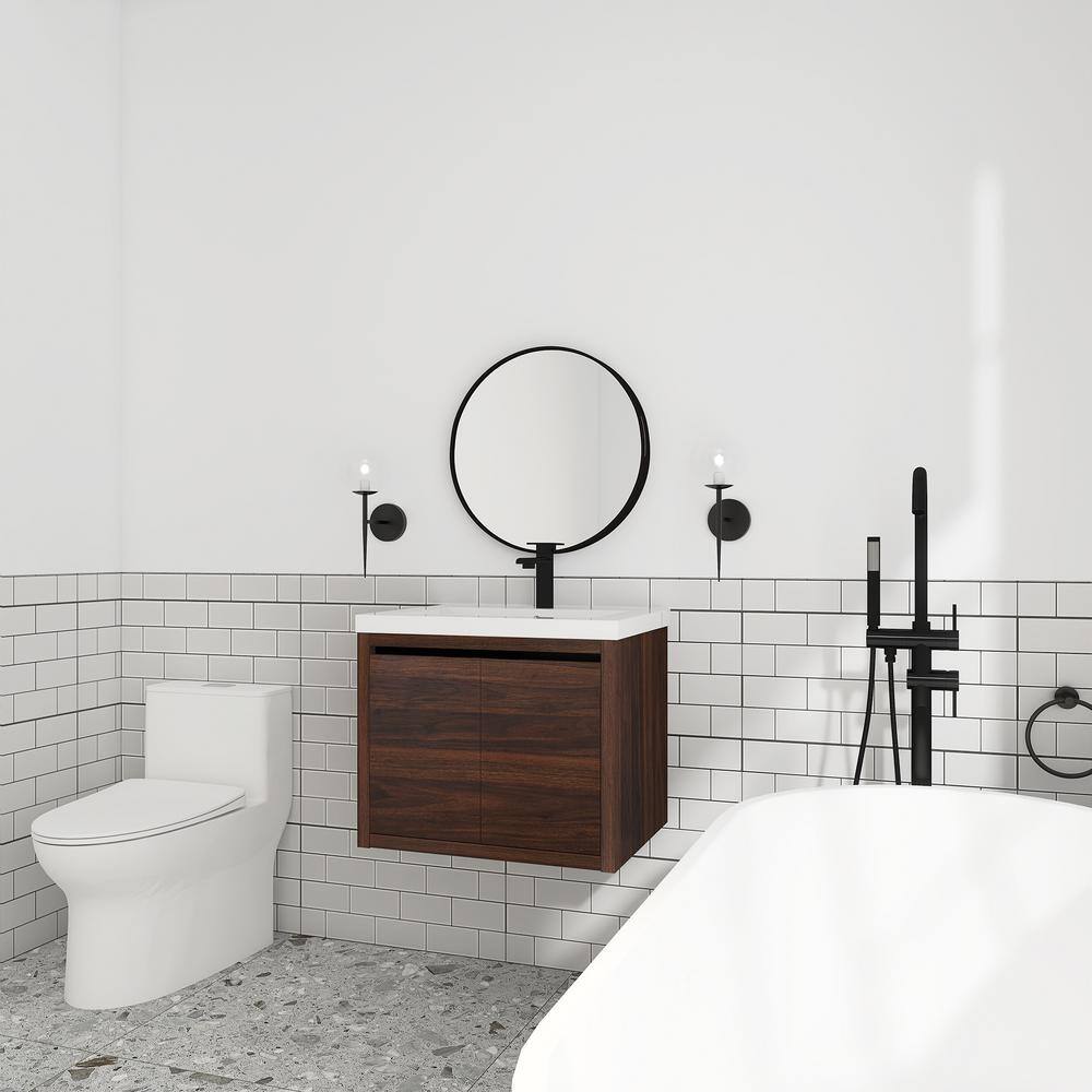 24 inch California Walnut Bathroom Vanity with White Resin Top