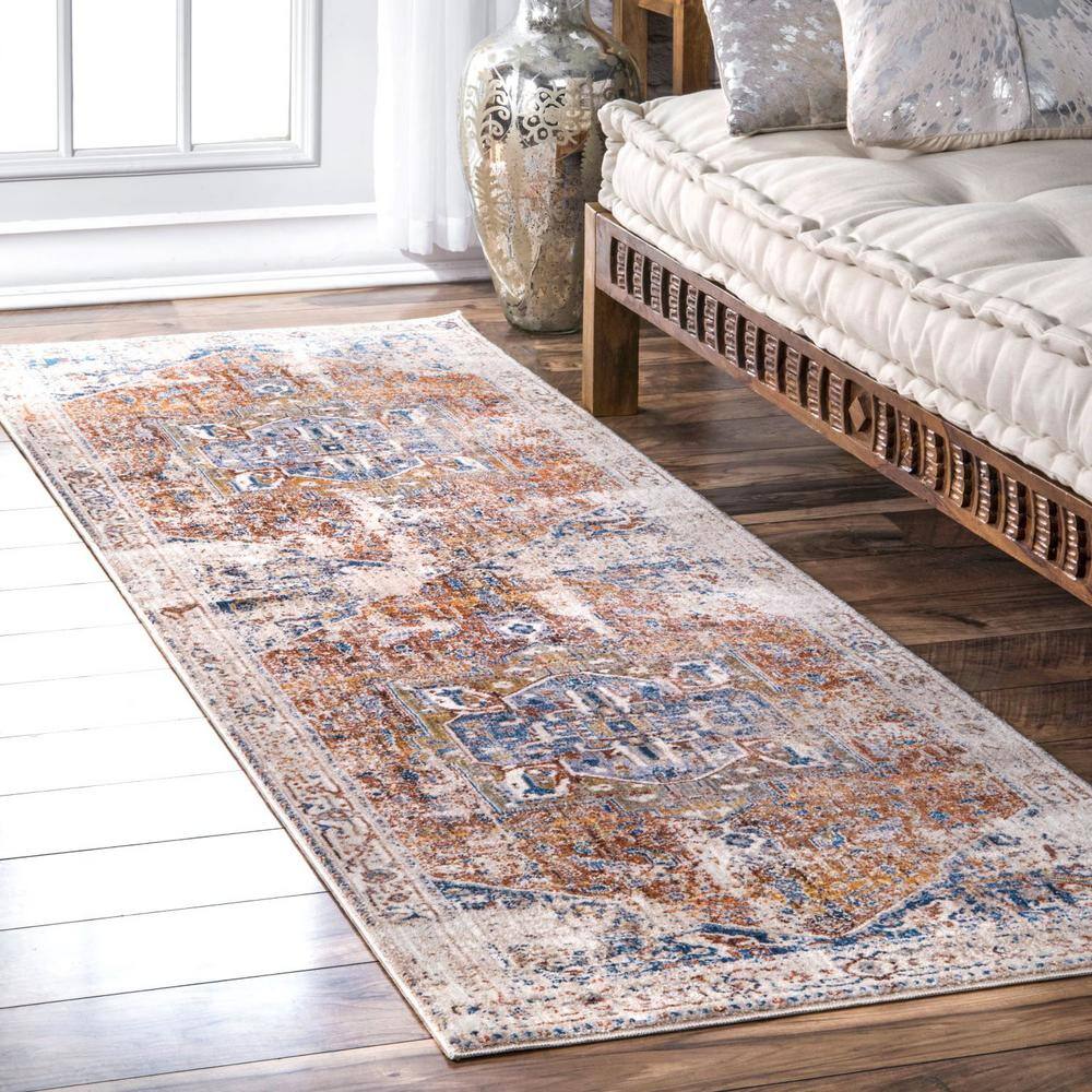 Ivory and Multicolor Medallion Fringe Runner Rug, 2' 6" x 8'