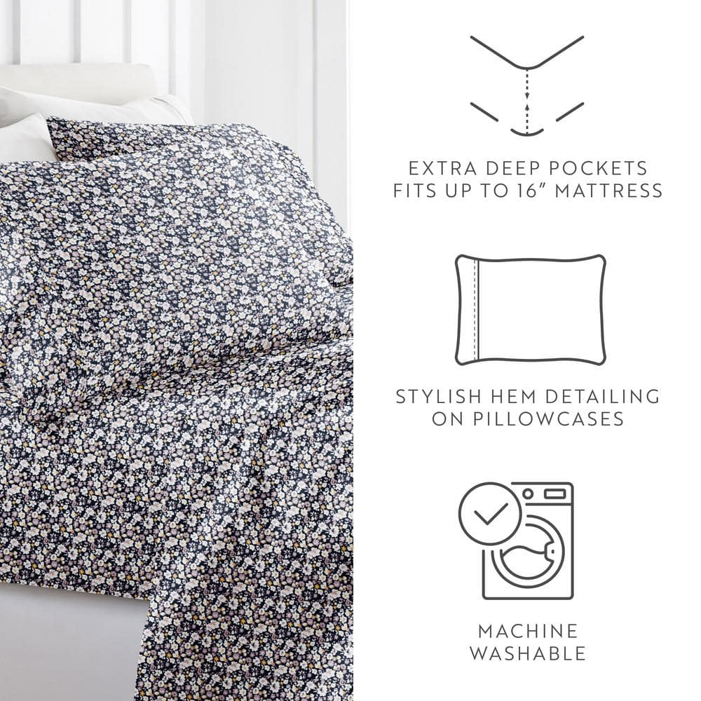 Navy Floral Queen Microfiber 3-Piece Sheet Set