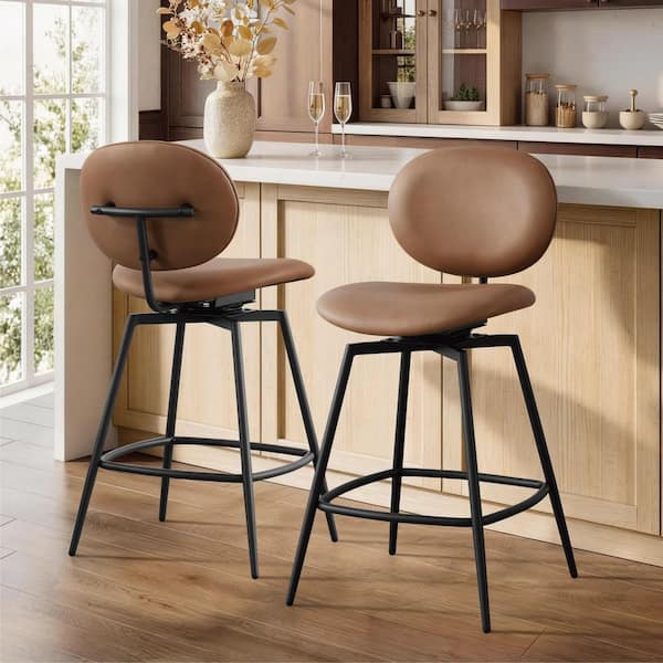 Orla 37.2 in. Brown 360° Swivel Sturdy Wood and Metal Frame Faux Leather Bar Stool w/Footrest for Dining Room (Set of 2)