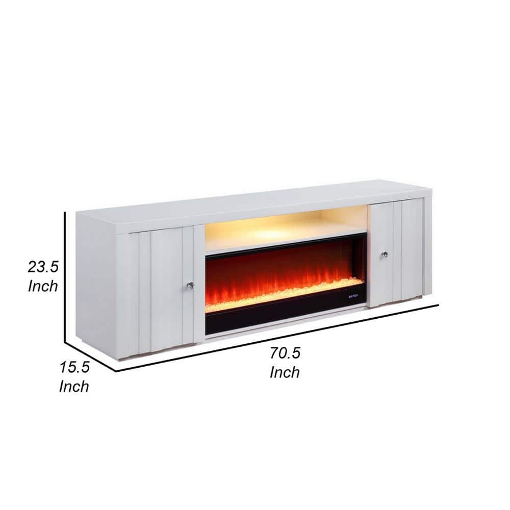 White Solid Wood TV Stand with Electric Fireplace and Cabinets