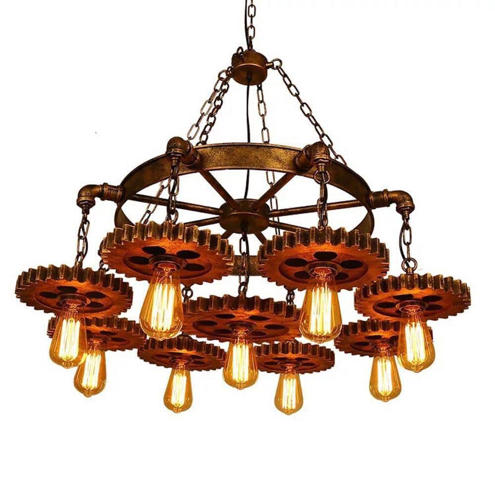 OUKANING 39.37 in. 9-Light Brown Retro Industrial Gear Wheel