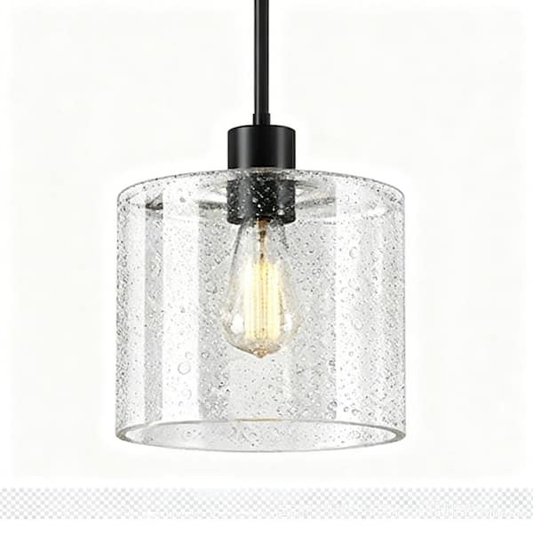 8 in. 1-Light Matte Black Cylinder Pendant Light with Seeded Glass Shade for Kitchen Island Dining Room