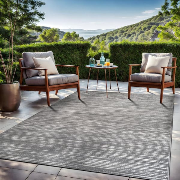 Linea Gray 9 ft. x 12 ft. Rubber Back Washable Modern Striped Indoor Outdoor Patio Area Rug
