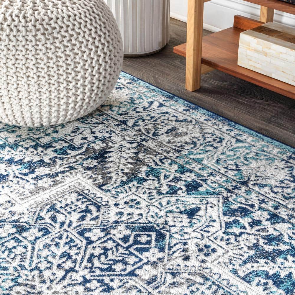 Navy and Light Grey Persian-Style Synthetic Area Rug