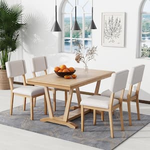 Rustic 5-piece Natural and Beige Rectangle Wood Dining Set Seats 4 with Trestle Table Base and 4-Upholstered Chairs