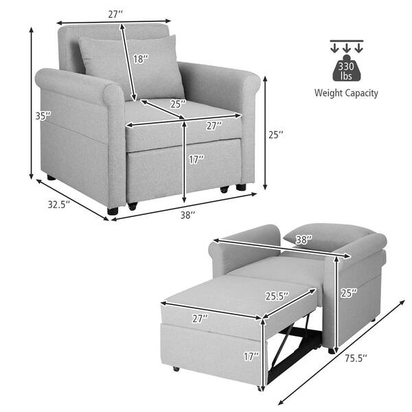 Costway 40 in. Grey Convertible Twin Sofa Bed 3 Position Folding Sleeper  Chair w/Pillow HV10093GR - The Home Depot