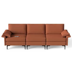100.5 in. W Square Arm Polyester Modular Modern 3-Seat Sofa Couch in Rust Red with Socket USB Ports and Metal Legs