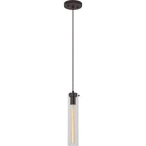 Prelude 1-Light Indoor Antique Bronze Hanging Mini Pendant with Skinny Clear Glass Cylinder Shade