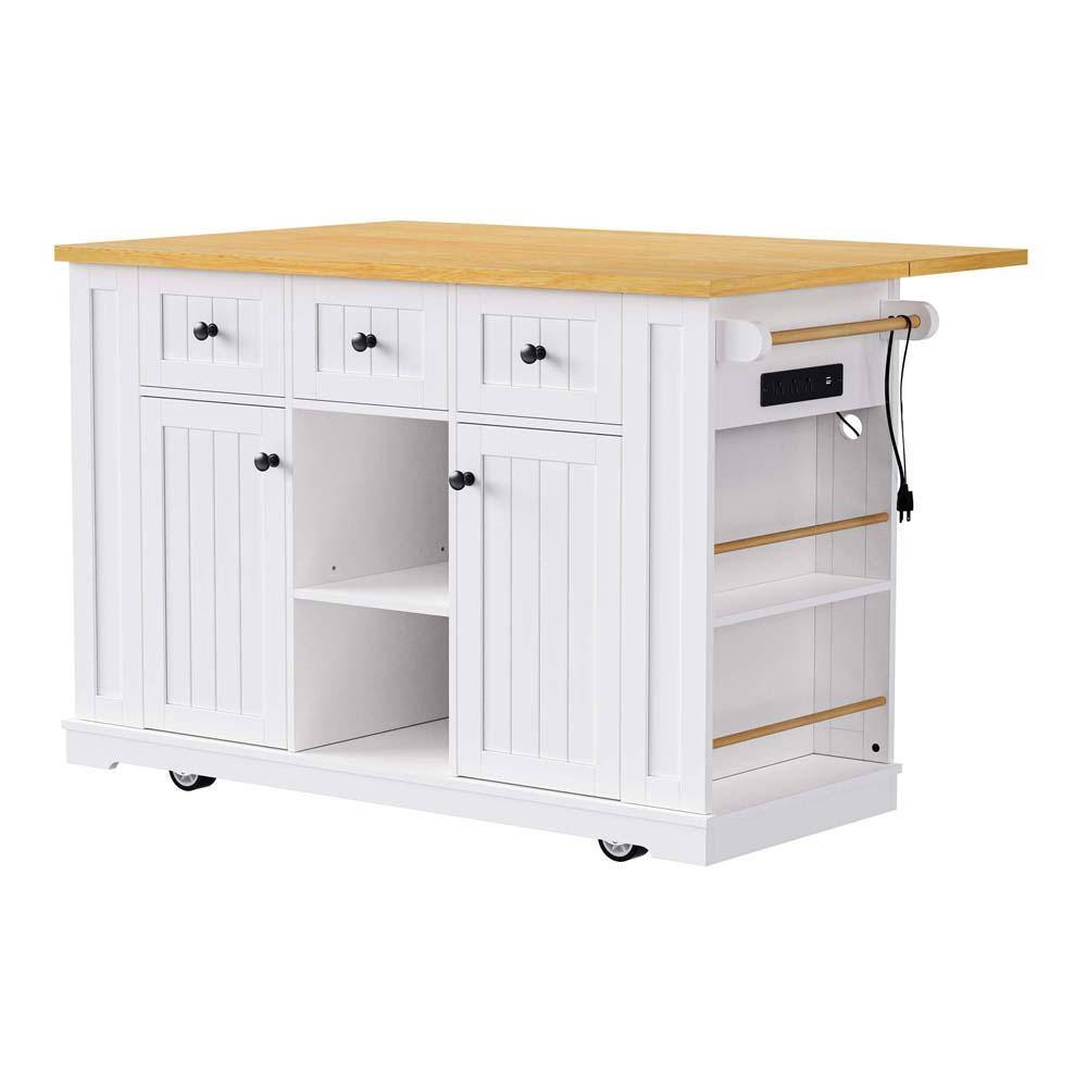 White Wood 53 in. Large Kitchen Island with Drop Leaf, Power Outlet, Door I
