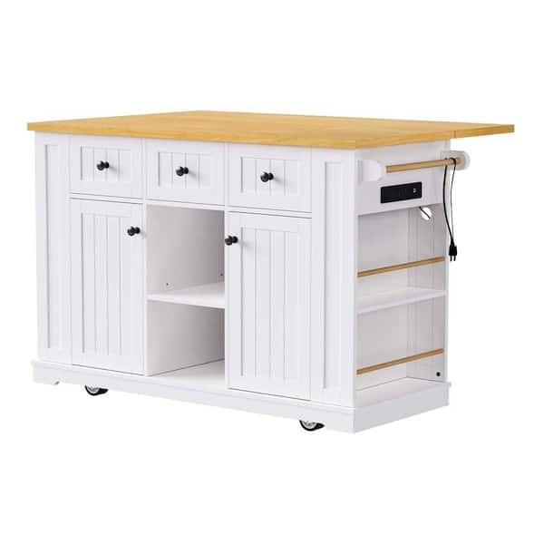 Unbranded White Wood 53 in. Large Kitchen Island with Drop Leaf, Power Outlet, Door Internal Storage Rack,  5-Wheels, 3-Drawers