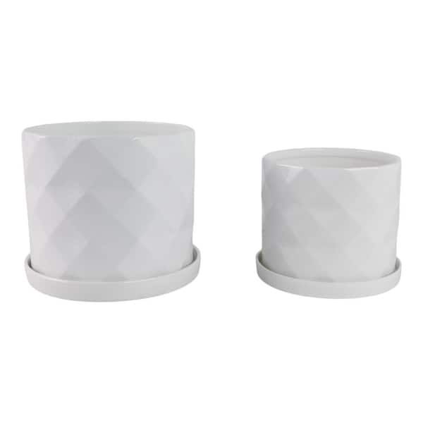 10 in. and 12 in. White Ceramic Geometric Texture Decorative Pots (Set of 2)
