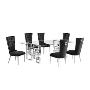 Dominga 7-Piece Rectangular Glass Top Stainless Steel Base Dining Set Seat Capacity 6 Black Velvet Fabric