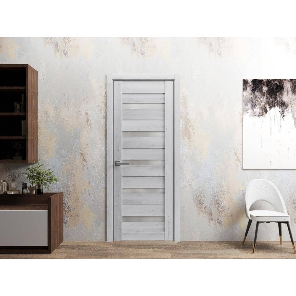 Quadro 4445 Nordic White Solid Wood French Door with Frosted Glass - 28" x 84"