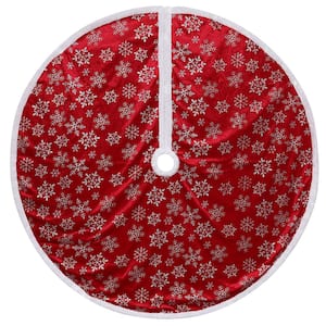 48 in. Red and White Snowflake Christmas Tree Skirt With a White Border