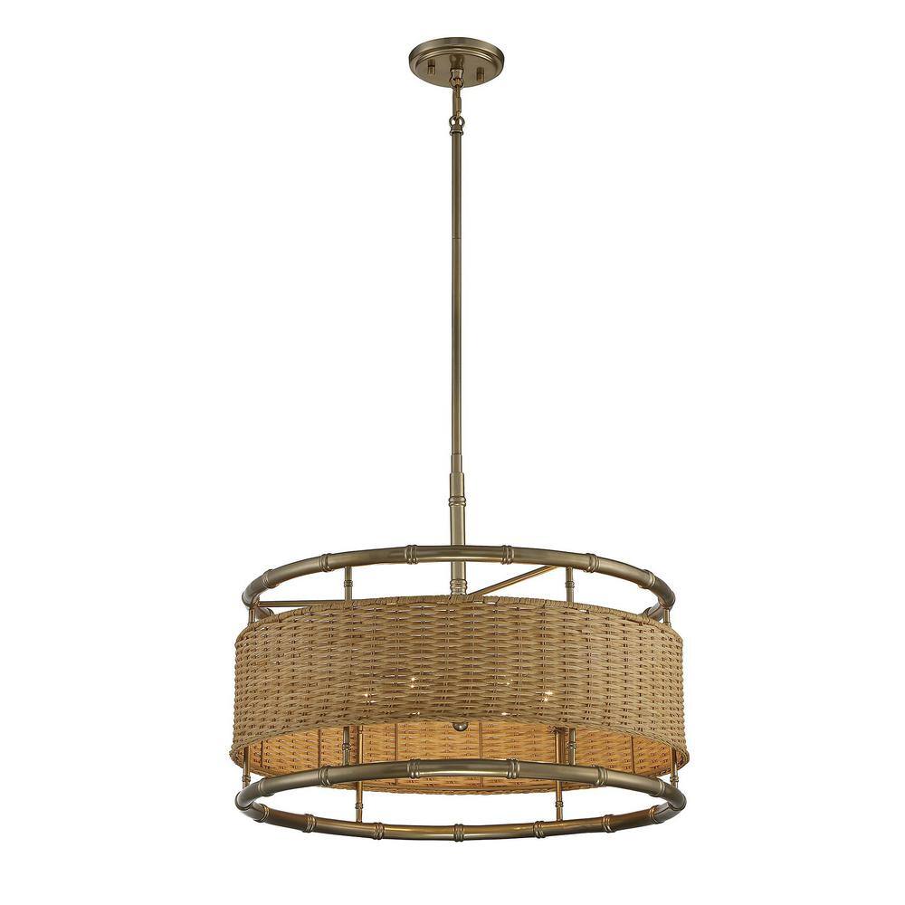 Arcadia Warm Brass and Natural Rattan 6-Light Drum Pendant