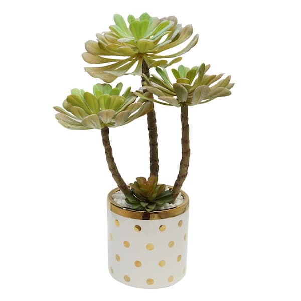 A & B Home Artificial Potted Succulent Stem in Polka Dot Vase Green/Gold