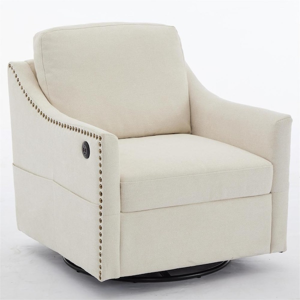 anpport Cream White Fabric Swivel Accent Arm Chair with USB Ports and Side Pockets (Set of 1)