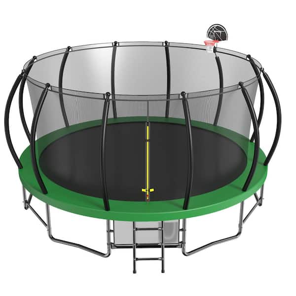Unbranded 15 ft. Outdoor Trampoline with Basketball Hoop, Shoe Bag, Enclosure Net, Ladder for Kids and Adults for Garden, Green