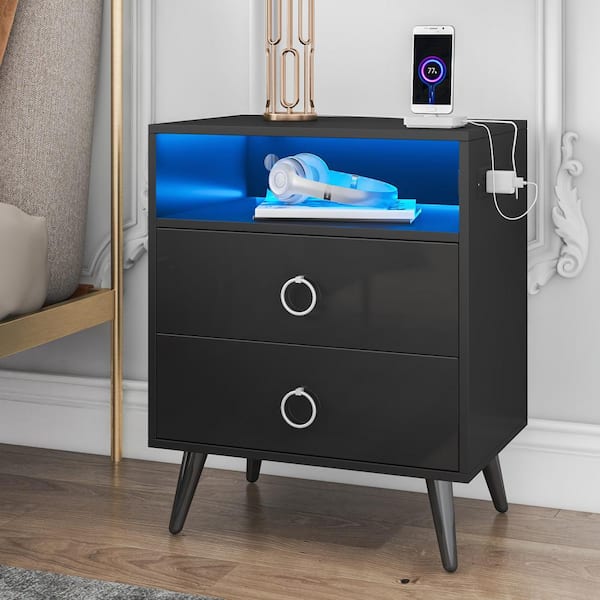 Hommpa 2-Drawer Black Nightstand 27.2 in. H x 21.7 in. W x 15.7 in. D LED with 1 Open Shelf/2 USB Charging Ports/2 USB Plugs