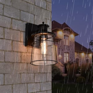 Delano 10.67 in. 1-Light Black Hardwired Outdoor Wall Lantern Sconce with Clear Glass Shade