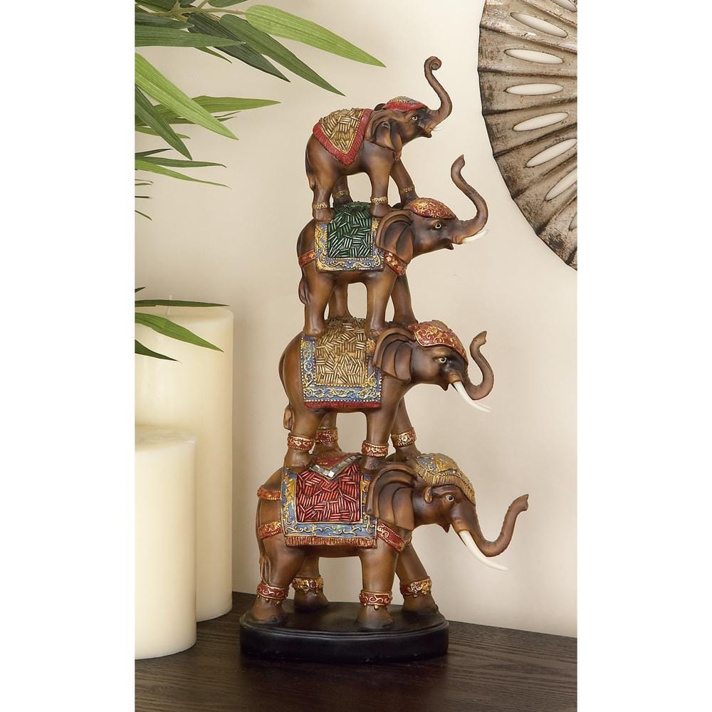 Brown Polystone Stacked Elephant Figurine with Colorful Patterns