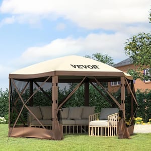 Camping Gazebo Tent 12 ft. x 12 ft. 6 Sized Pop-Up Canopy Screen Shelter Tent with Mesh Windows for Camping, Brown/Beige