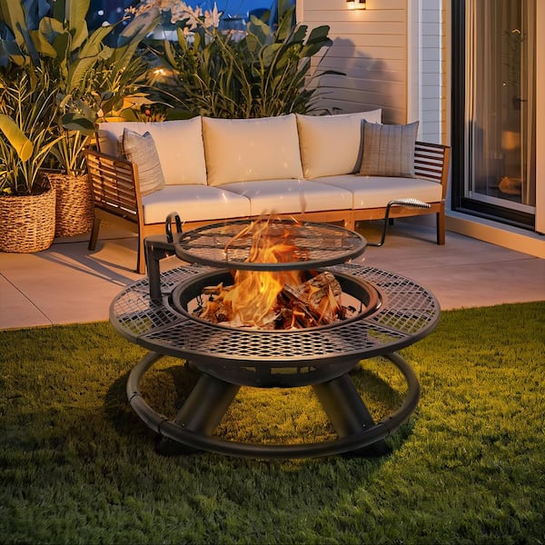 47 in. W Wood Burning Fire Pit Outdoor Backyard Patio Fire Pit with Cooking Grill Grate, Wilderness Style