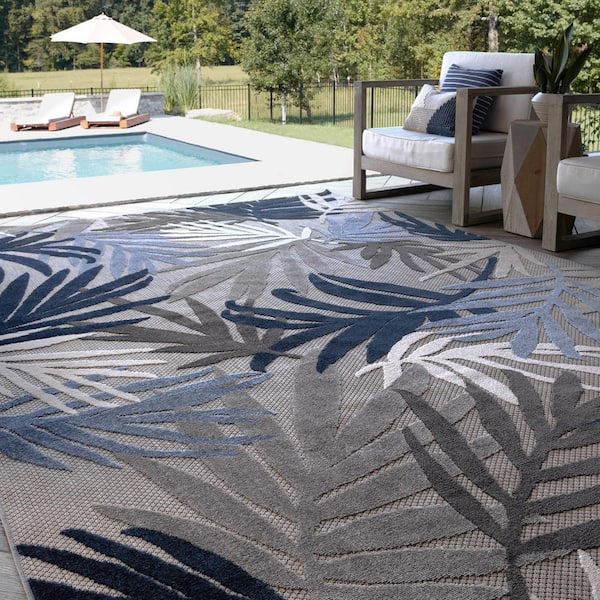 Oasis Floral Blue 9 ft. x 12 ft. Indoor/Outdoor Area Rug