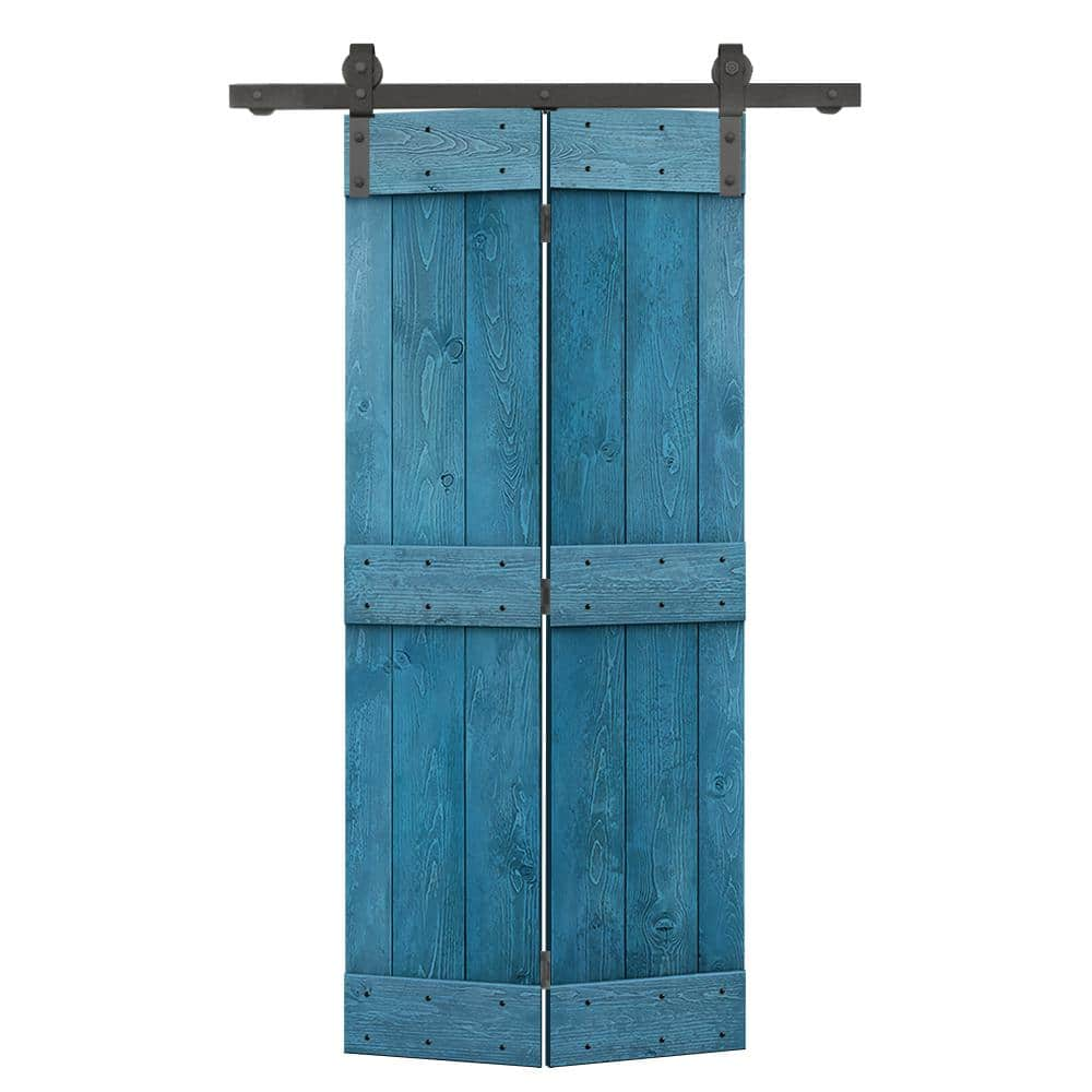 CALHOME 24 in. x 84 in. Mid-Bar Series Solid Core Ocean Blue Stained DIY Wood Bi-Fold Barn Door with Sliding Hardware Kit